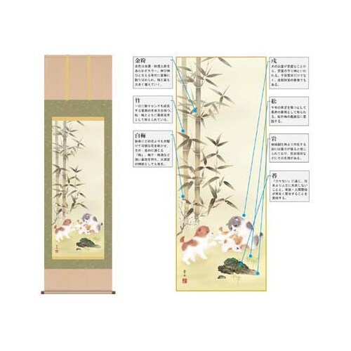 干支掛軸「戯犬吉祥之図」根本葉舟 筆