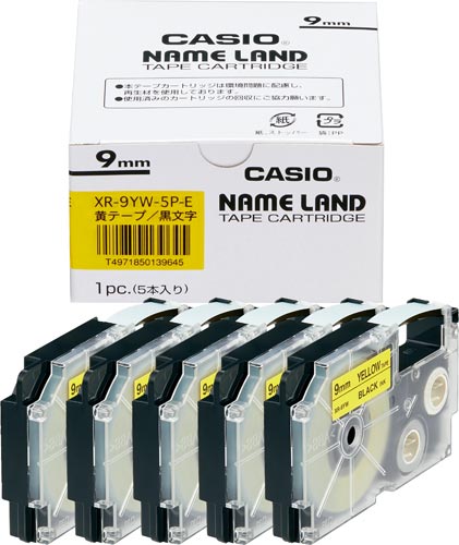 カシオ ネームランド 黄色テープ ９ｍｍ 黒文字 ５個入 ＸＲ－９ＹＷ