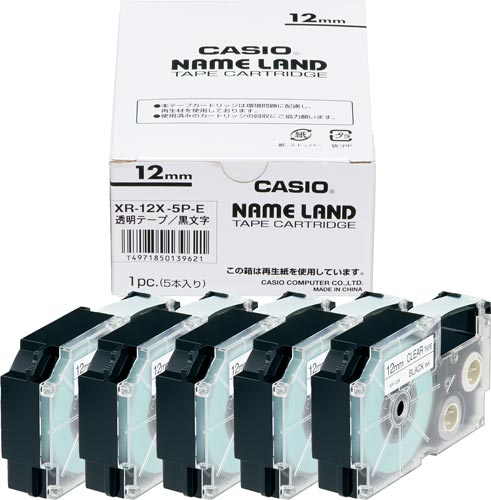 カシオ ネームランド 透明テープ １２ｍｍ 黒文字 ５個入 ＸＲ－１２Ｘ