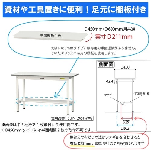 【軽量作業台150シリーズ】中間棚付き固定式/半面棚板付