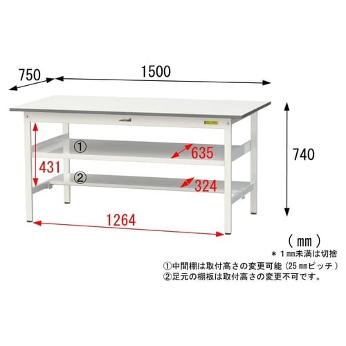 【軽量作業台150シリーズ】中間棚付き固定式/半面棚板付