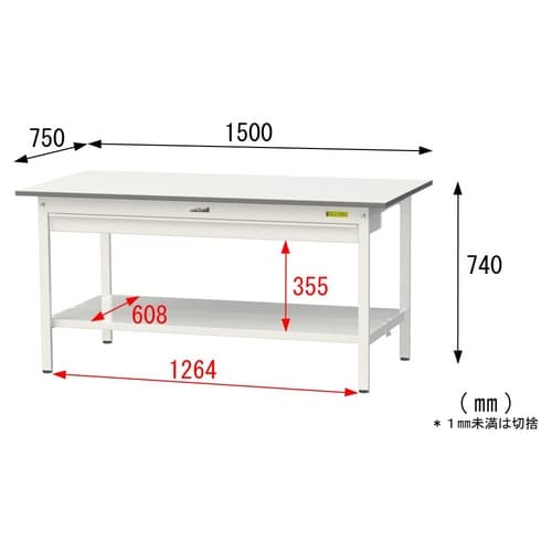 【軽量作業台150シリーズ】ワイド引き出し付き固定式/全面棚板付