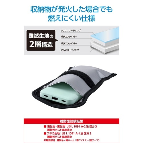 モバイルバッテリー用 難燃ポーチ ガジェットケース 難燃生地で延焼・火・煙に配慮 グレー