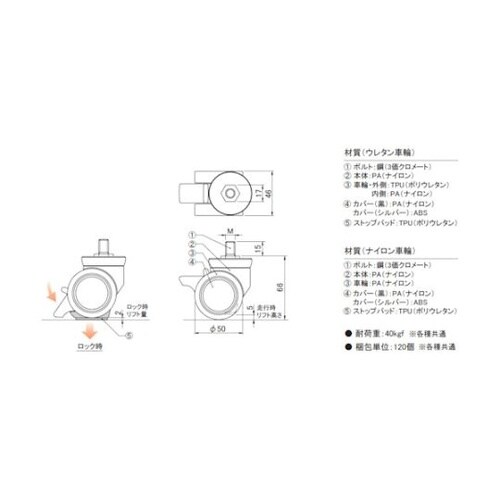 リフトロックキャスター ナイロン車 φ50 高さ調整可