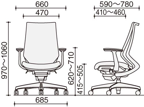 デュオラ メッシュ ブラックフレーム T型肘 樹脂脚 ウレタンキャスター